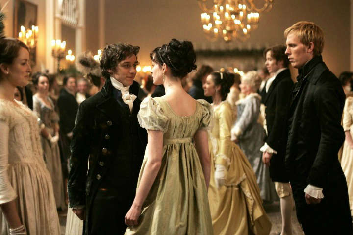 Becoming Jane promotional image with Anne Hathaway and James McAvoy dancing.